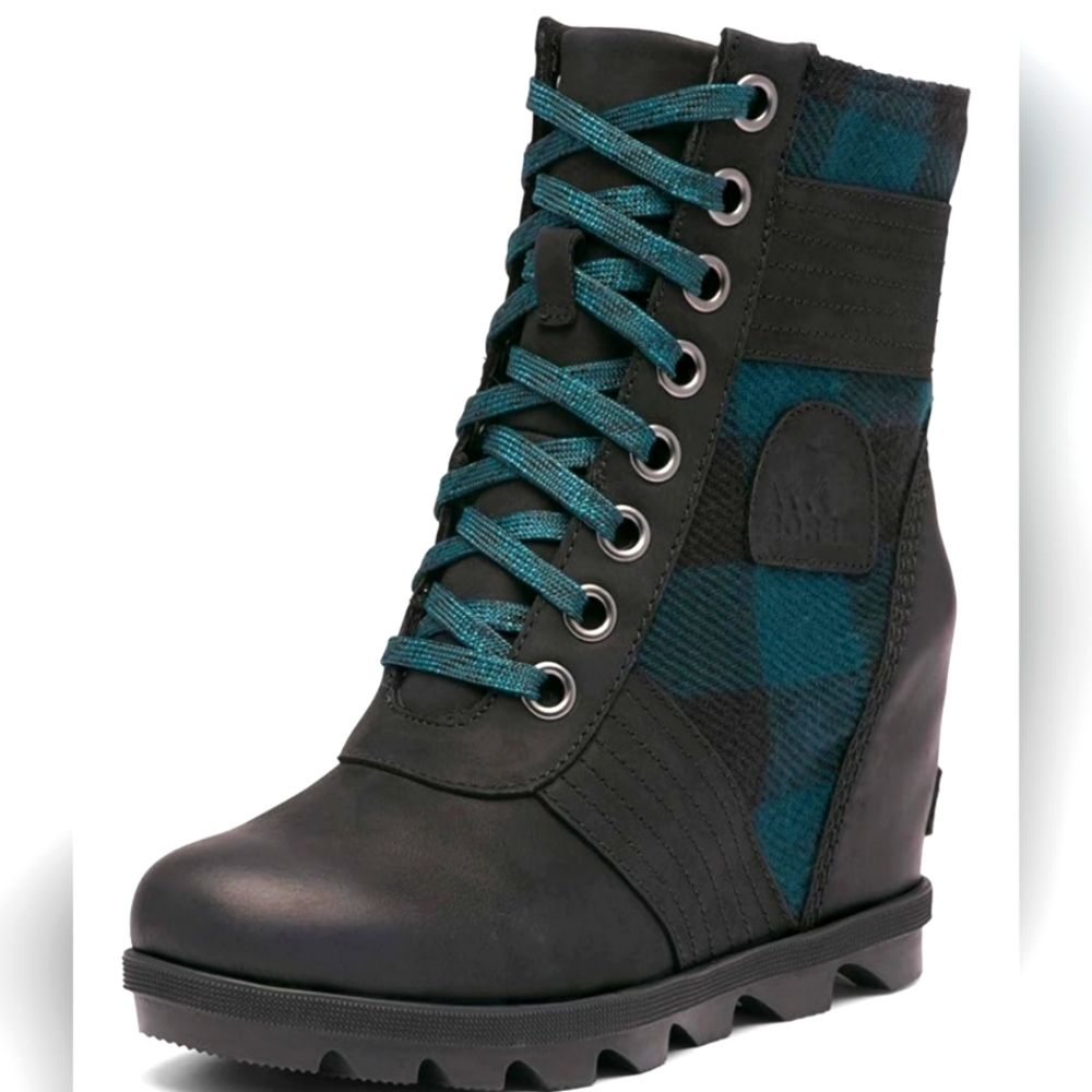 Sorel Lexie NL3779-010 Black Teal Plaid Lace-Up Wedge Winter Snow Boots Size 8